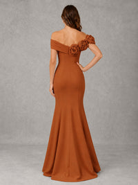 Blush Pink Off Shoulder Mermaid Bridesmaid Dress with Floral Rosette