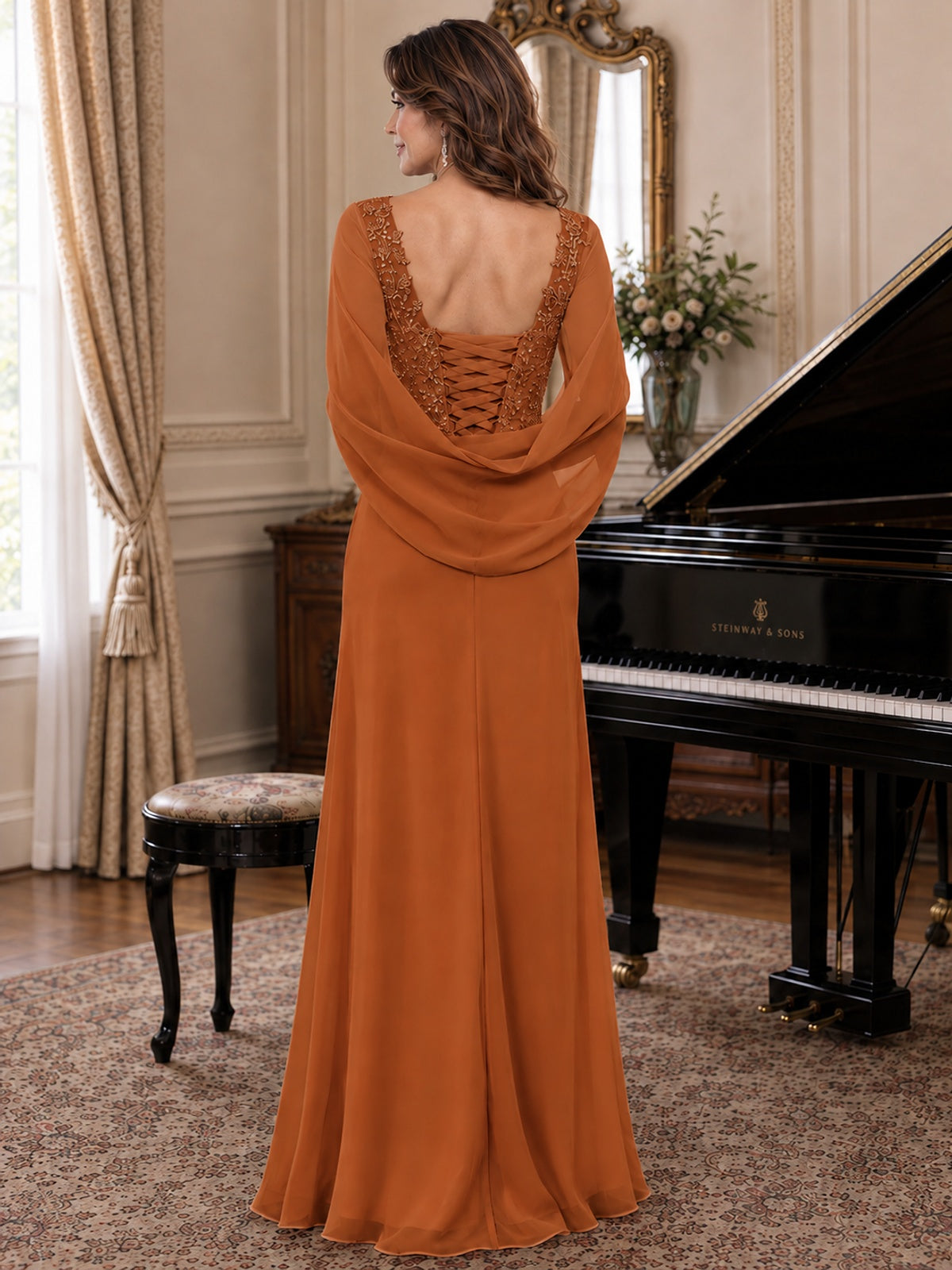 Elegant Applique Chiffon Mother of the Bride Dress with Cape Sleeves