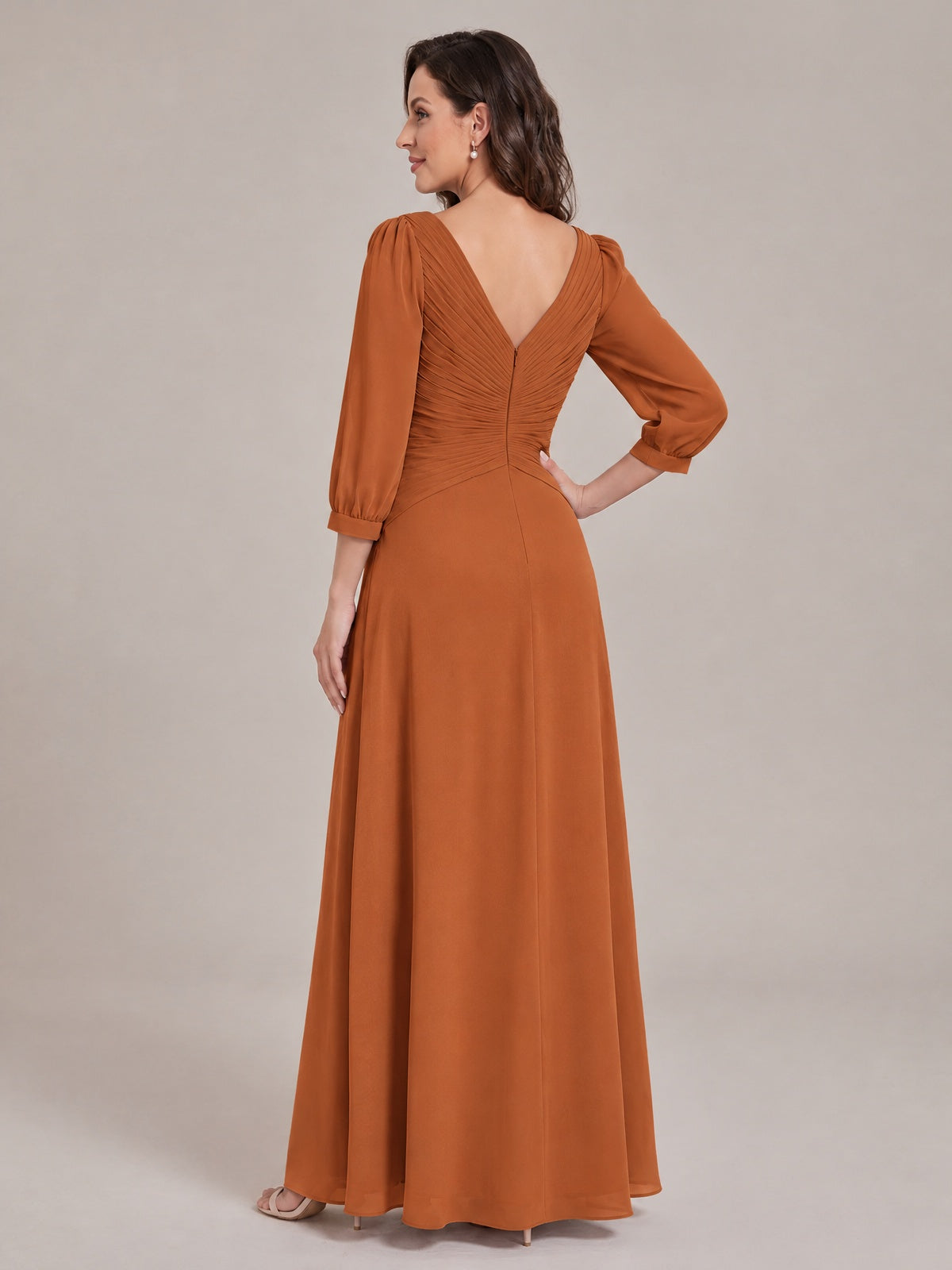 V-Neck Pleated Chiffon Mother of the Bride Dress with Flutter Sleeves