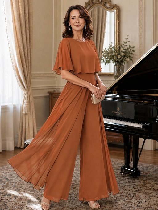 Chiffon Mother of the Bride Jumpsuit with Layered Cape Sleeves