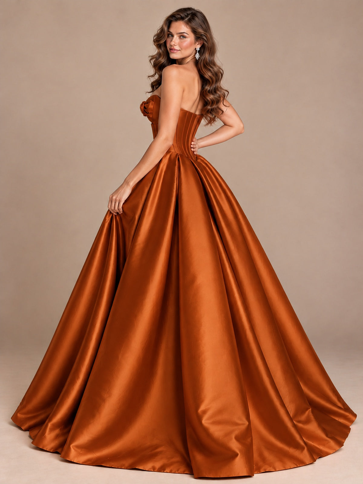 Pink Strapless Corset Satin Prom Derss & Ball Gown with 3D Floral