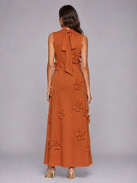 3D Floral Applique High Neck Prom Maxi Dress
