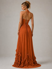 Halter V Neck Chiffon Formal Dress with Lace-Up Back and Ruffle Hem