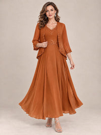Dusty Blue Floral Lace Chiffon Mother of the Bride Dress with Jacket