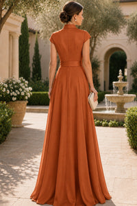 V Neck Cap Sleeve A-Line Floor-Length Satin Bridesmaid Dress