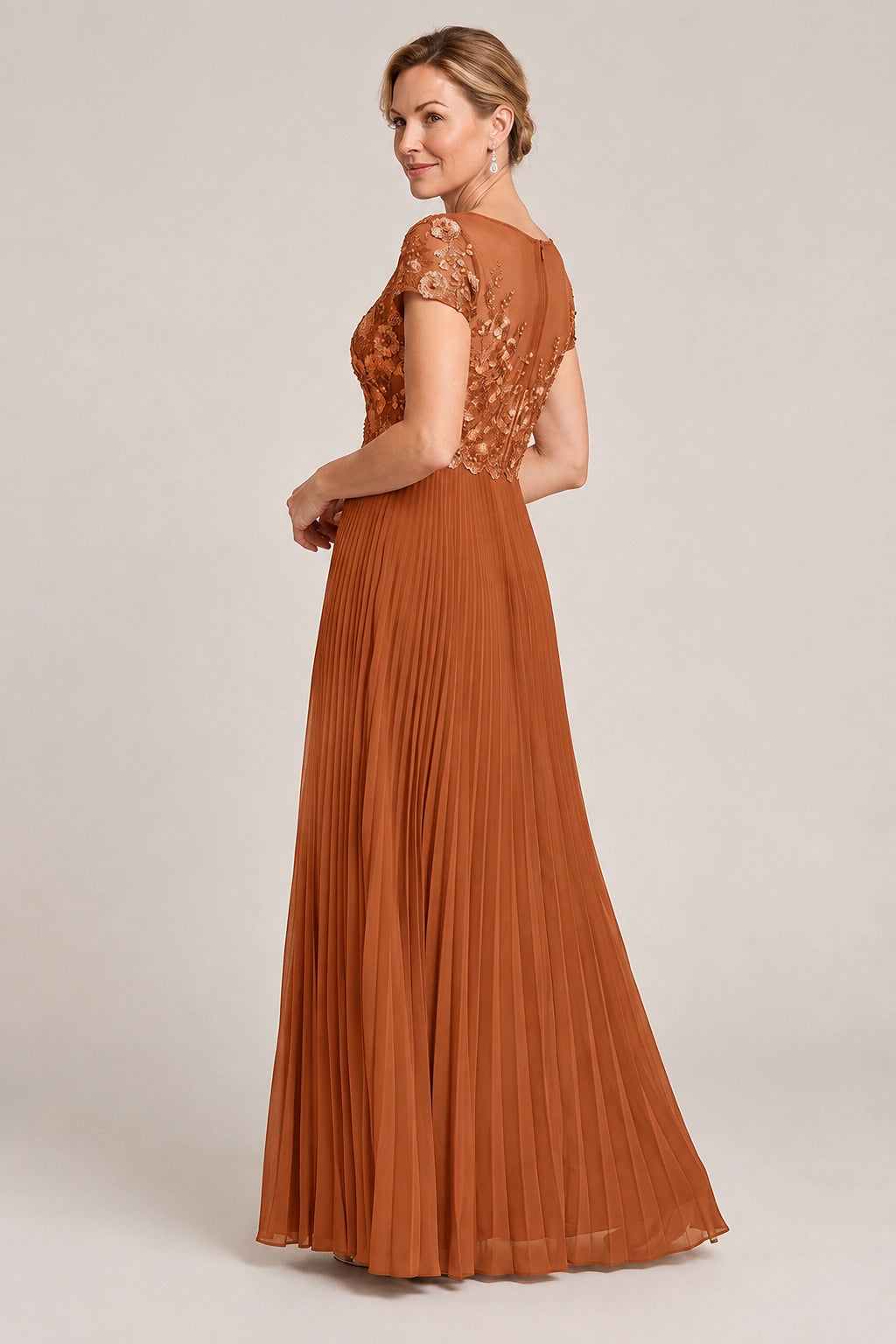 Embroidered Lace Pleated Mother of the Bride Dress