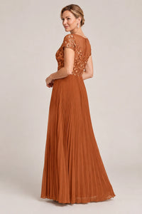 Embroidered Lace Pleated Mother of the Bride Dress