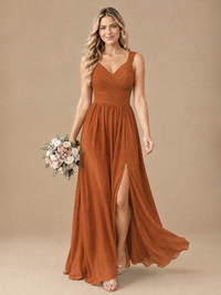 Pleated Chiffon V Neck Wedding Bridesmaid Dresses Floor Length with Slit