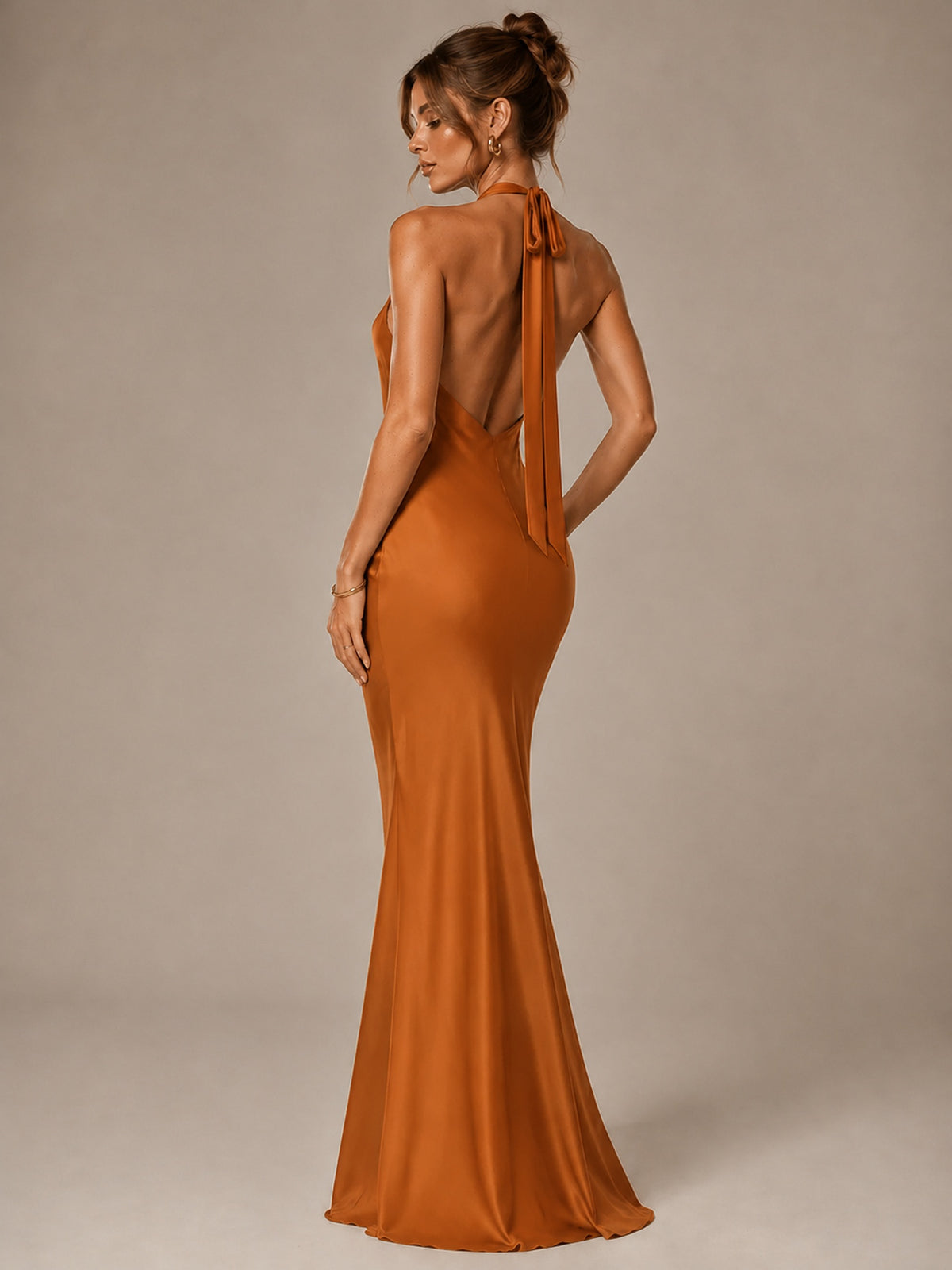 Olive Green Halter Satin Mermaid Maxi Dress