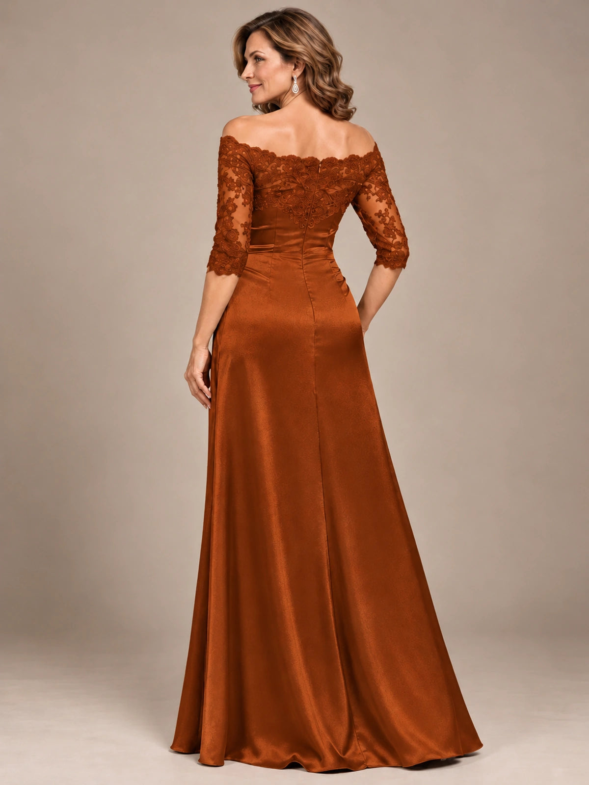 Satin Mother of the Bride Dress with Lace Sleeves Off Shoulder Formal Gown