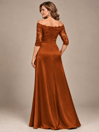 Satin Mother of the Bride Dress with Lace Sleeves Off Shoulder Formal Gown