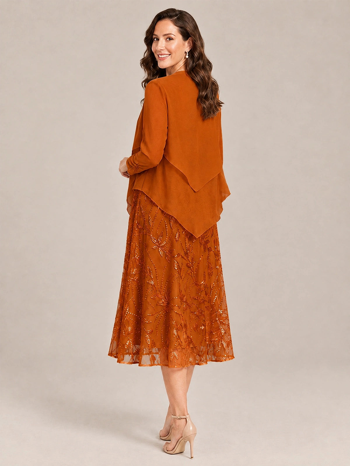 Tea Length Sequin Lace Mother of the Bride Dress with Chiffon Jacket