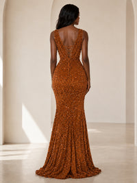 Sequin Mermaid Prom Dress with V-Neck and Ruched Waist