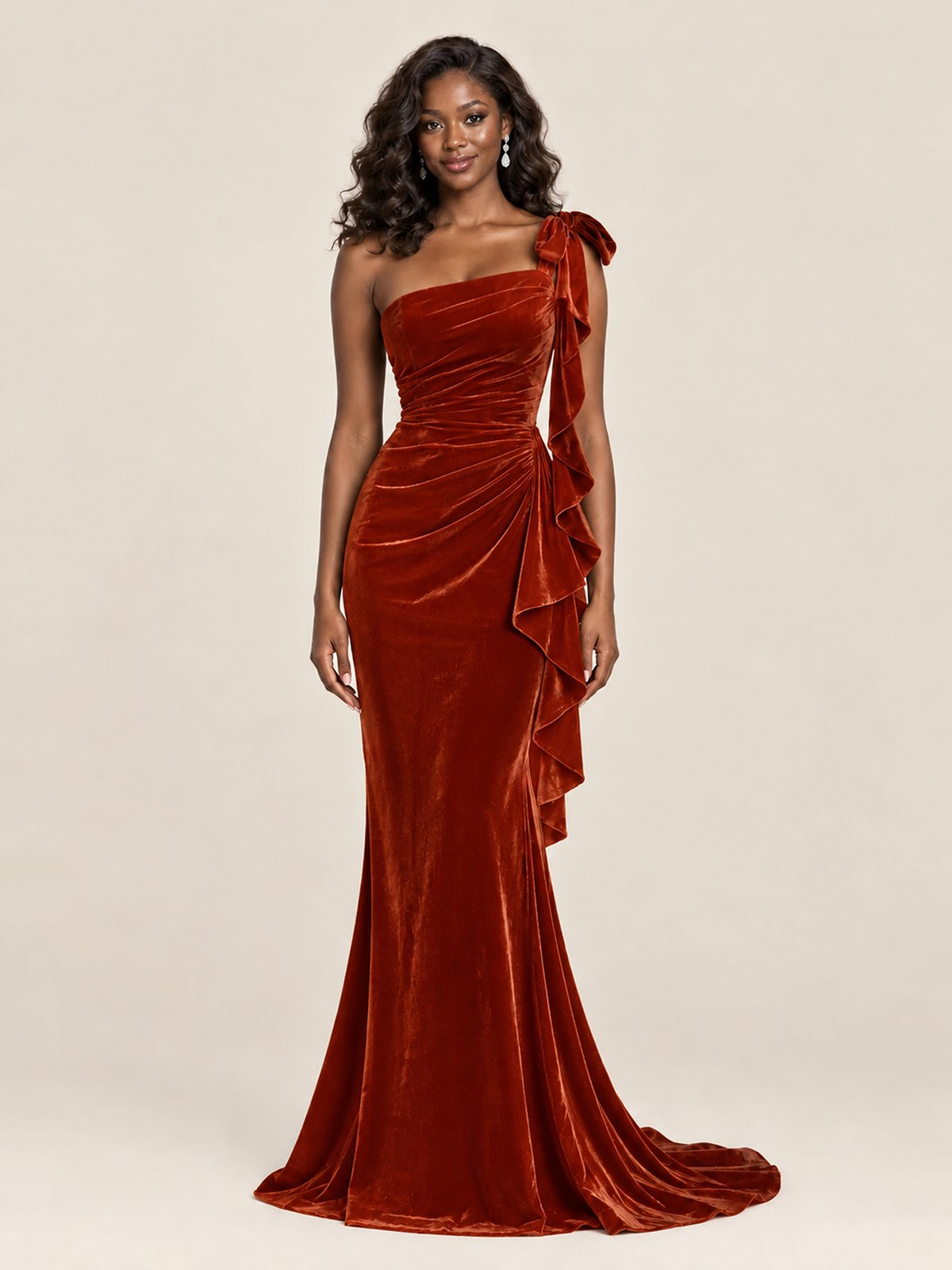 Black Velvet One-Shoulder Mermaid Evening Gown with Bow & Ruffles