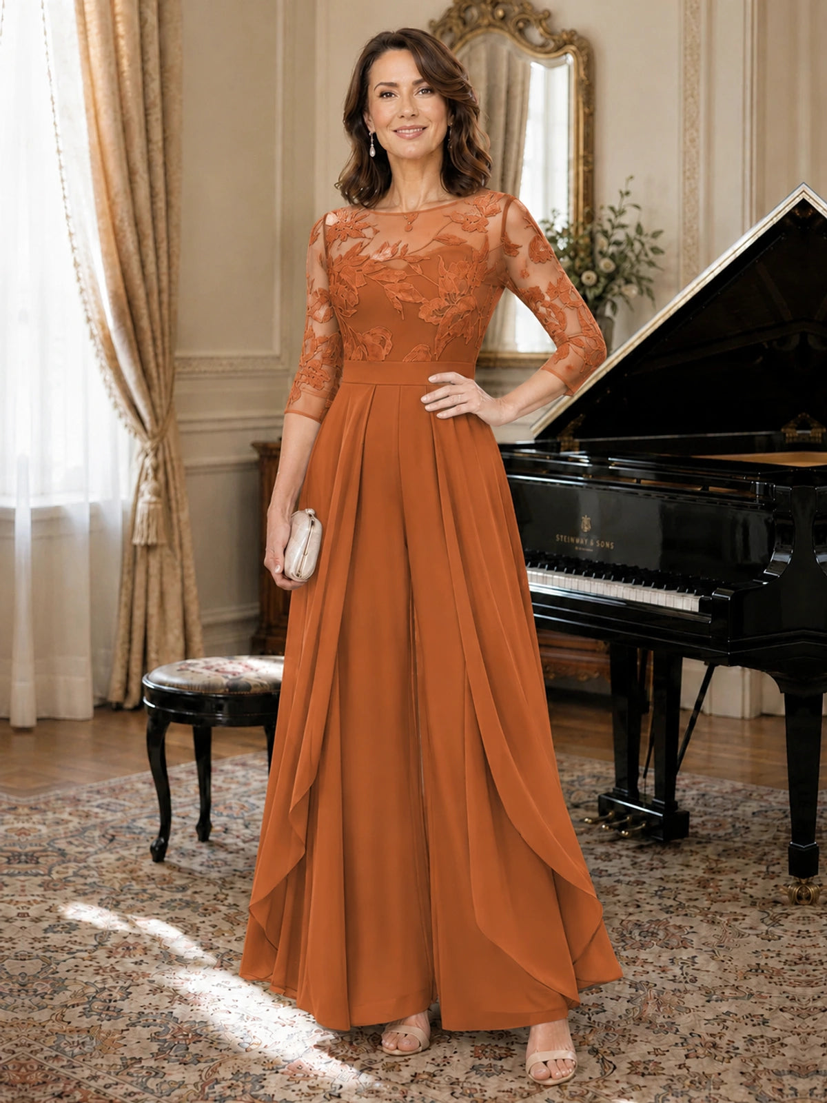 Lace Applique Wide-Leg Chiffon Mother of the Bride Jumpsuit
