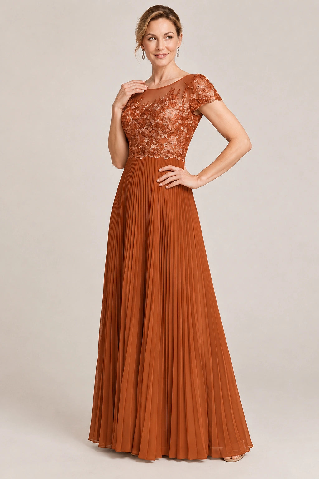 Embroidered Lace Pleated Mother of the Bride Dress