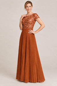 Embroidered Lace Pleated Mother of the Bride Dress