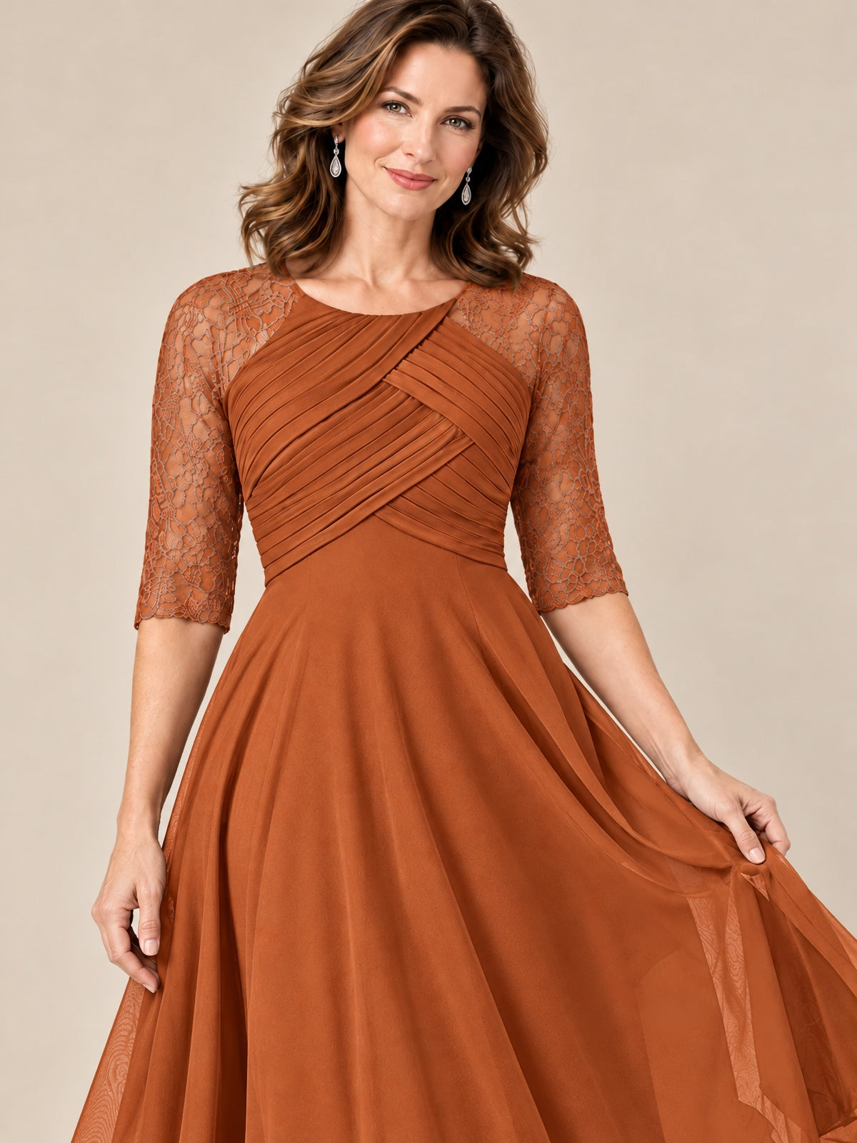 Tea-Length Mother of the Bride Dress with Lace 3/4 Sleeves