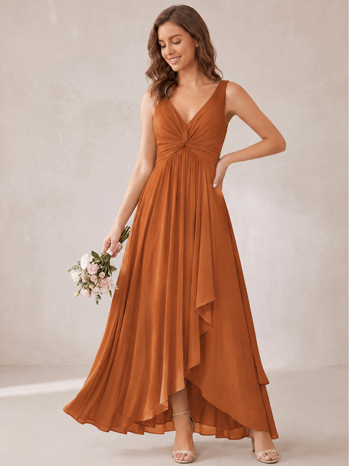 V-Neck High-Low Chiffon Bridesmaid Dress with Ruffles