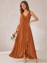 V-Neck High-Low Chiffon Bridesmaid Dress with Ruffles