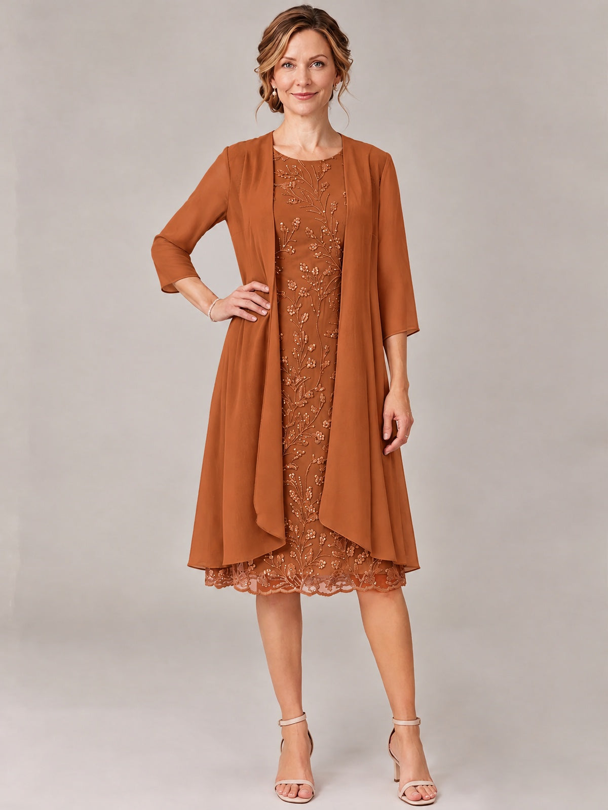 Tea Length Sequin Lace Mother of The Bride Dress with Chiffon Jacket