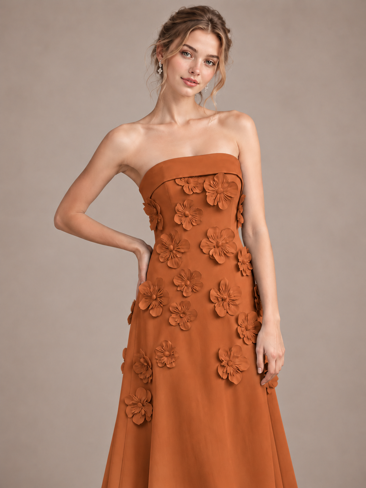 Yellow Strapless 3D Floral Appliques Maxi Dress