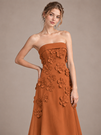 Yellow Strapless 3D Floral Appliques Maxi Dress