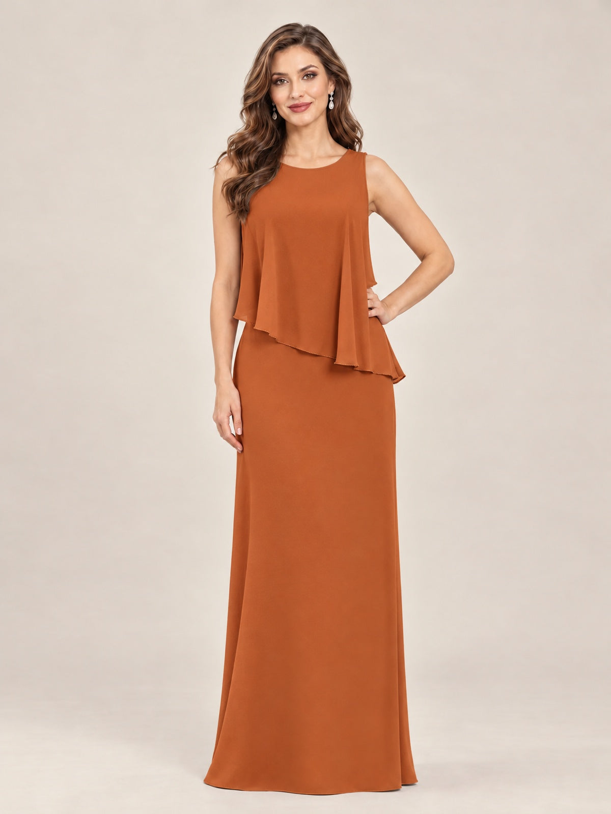 Cape Sleeve Mother of the Bride Dress with Asymmetrical Overlay