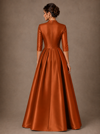 V-Neck Pleated Satin Mother of the Bride Gown with 3/4 Sleeves