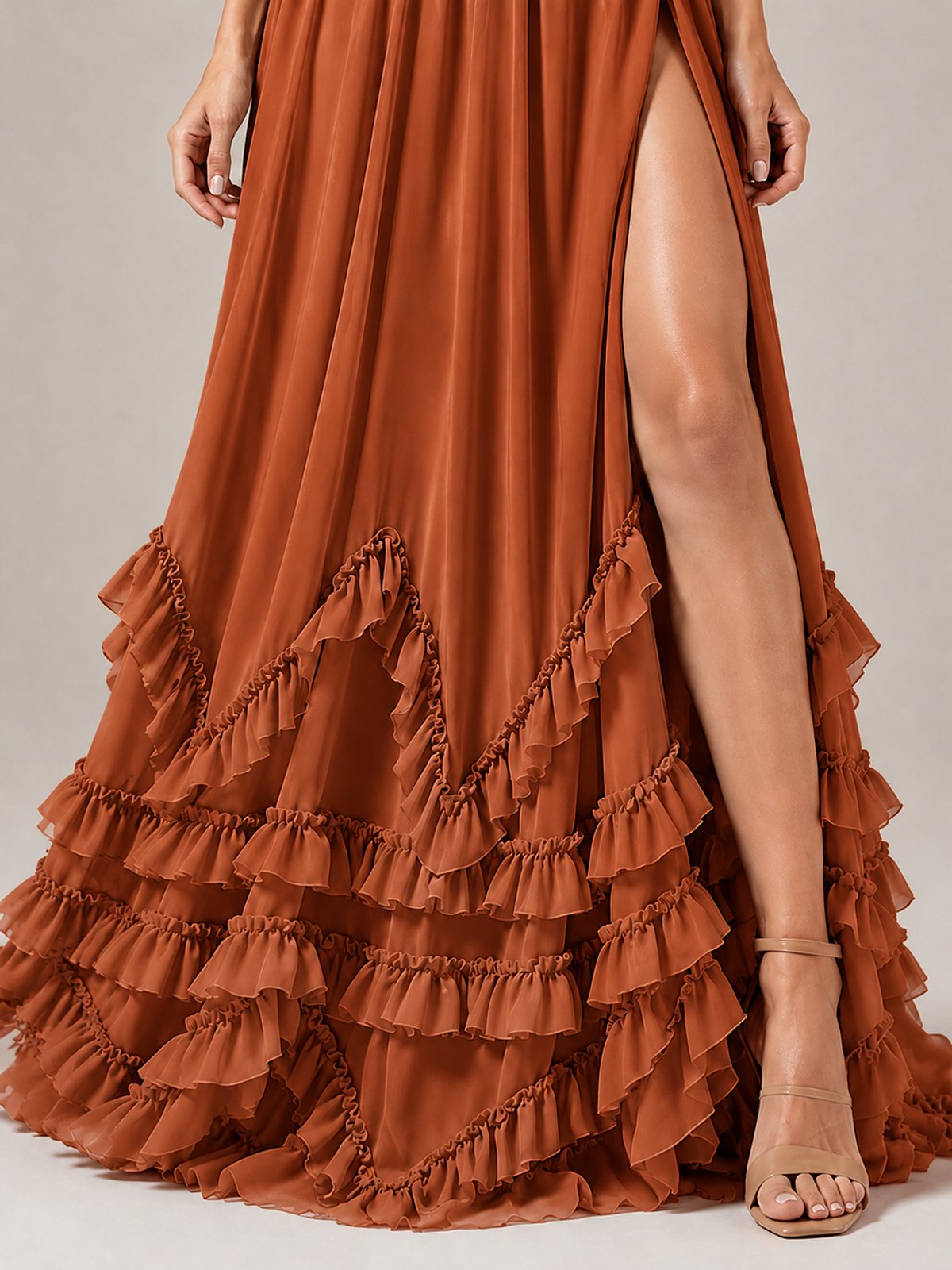 Halter V Neck Chiffon Formal Dress with Lace-Up Back and Ruffle Hem