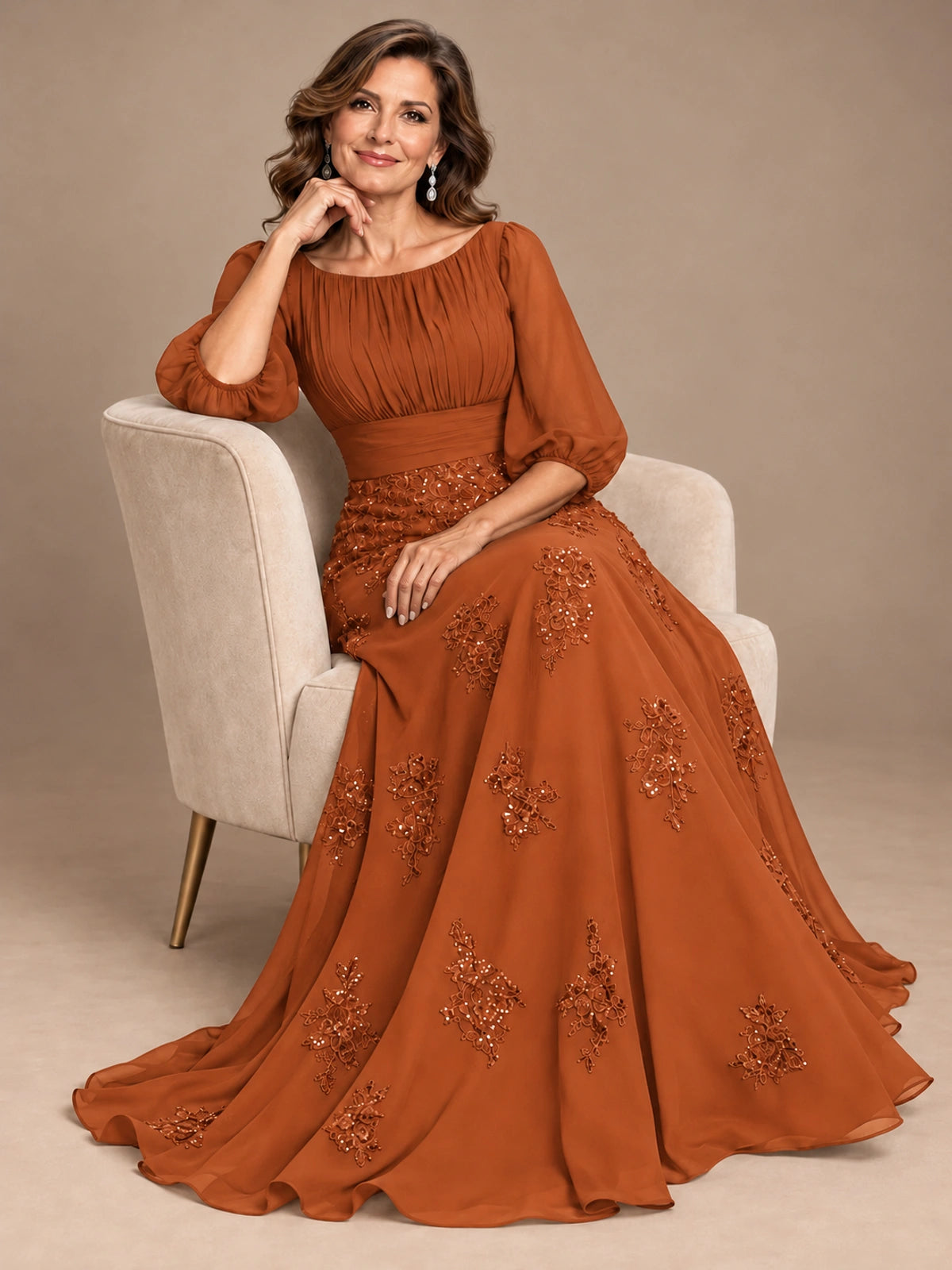 A-Line Mother of the Bride Dress with Sheer Puff Sleeves