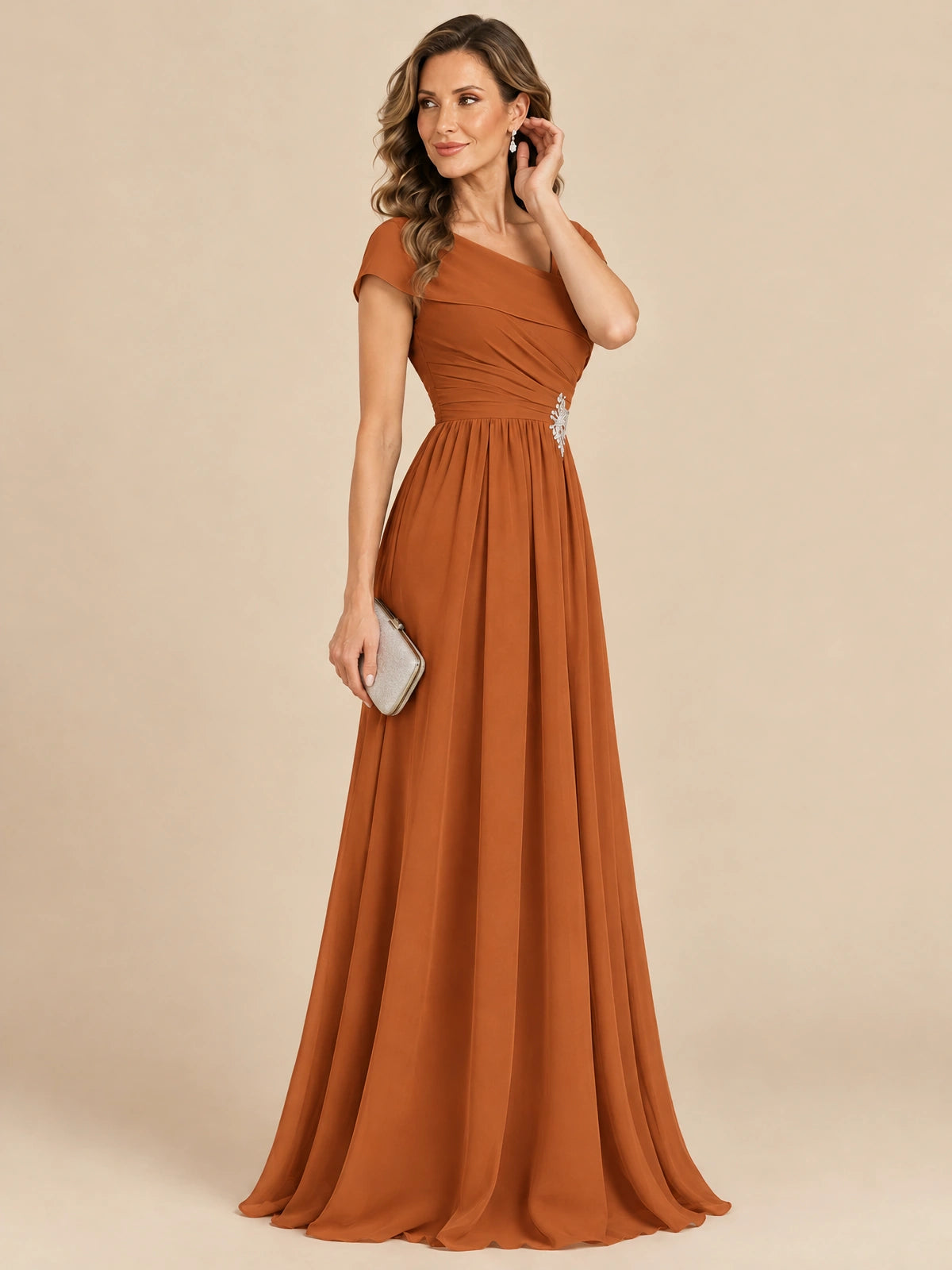 Cap Sleeve Mother of The Bride Dresses Long Chiffon Formal Gowns