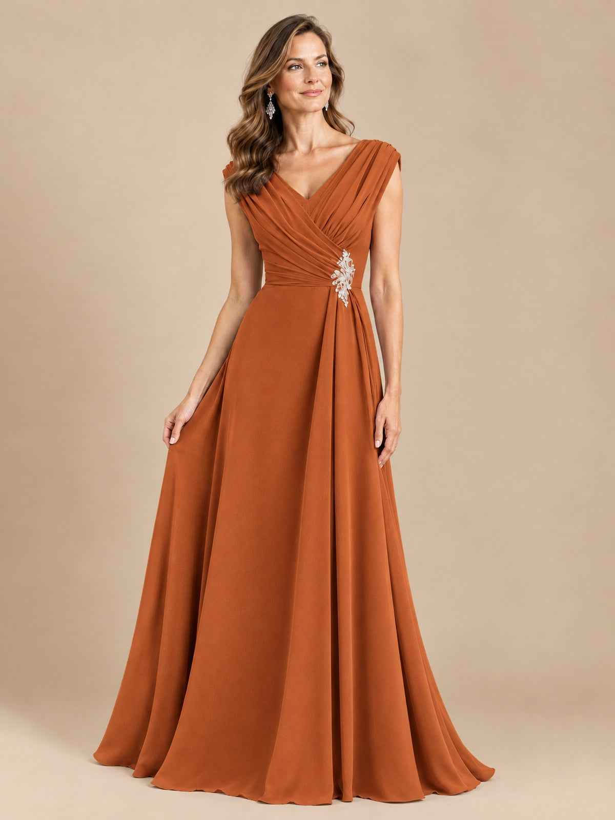 V Neck Pleated Mother of The Bride Dresses with Beading Cap Sleeves