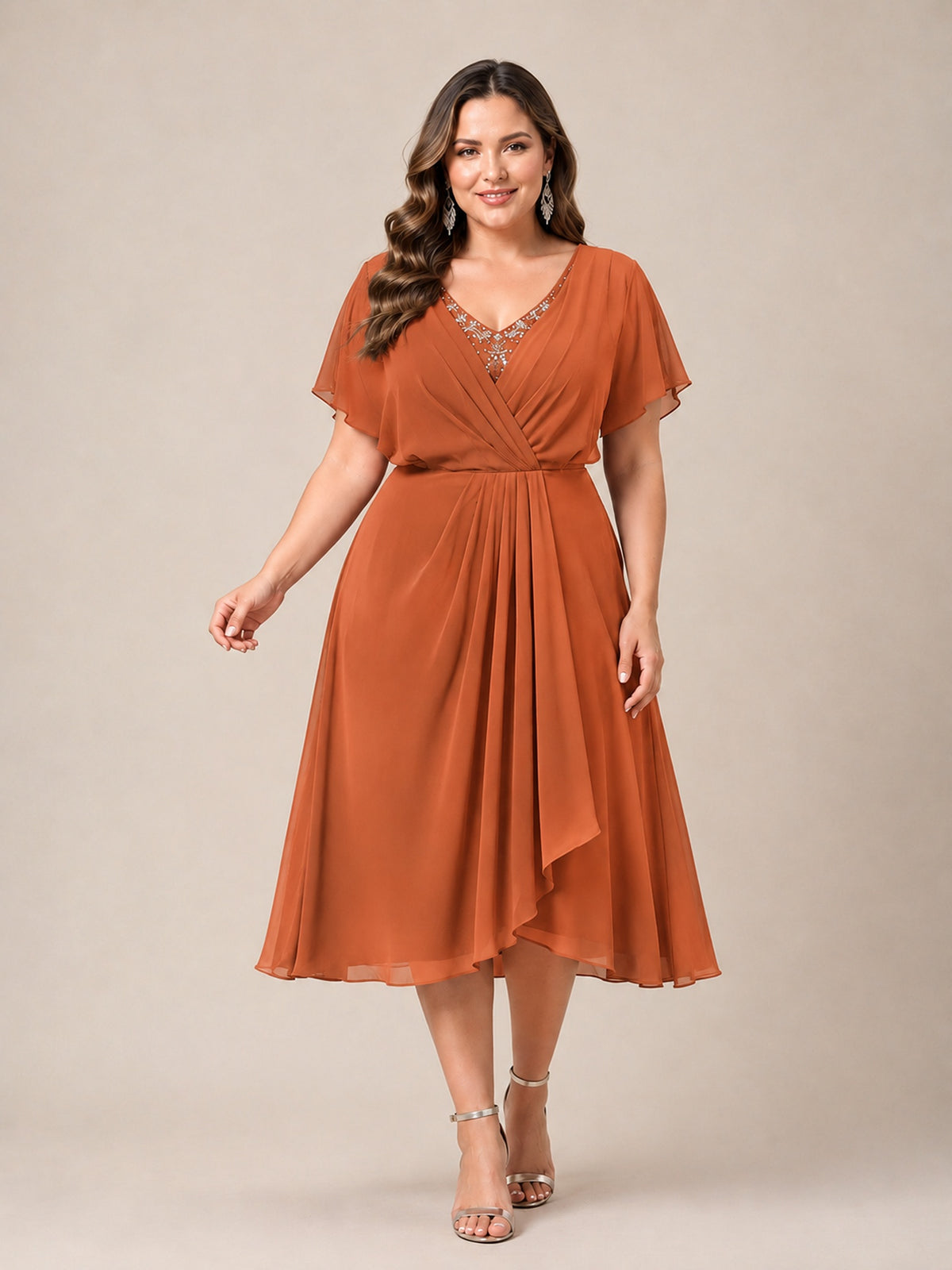 Navy Blue A-Line V-Neck Tea-Length Mother of the Bride Dress