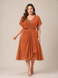 Navy Blue A-Line V-Neck Tea-Length Mother of the Bride Dress