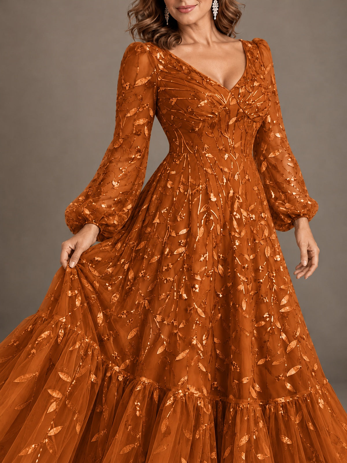 Floral Sequin Embroidered A-Line Mother of the Bride Dress with Long Sleeves
