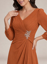 V-Neck Pleated Chiffon Mother of the Bride Dress with Flutter Sleeves