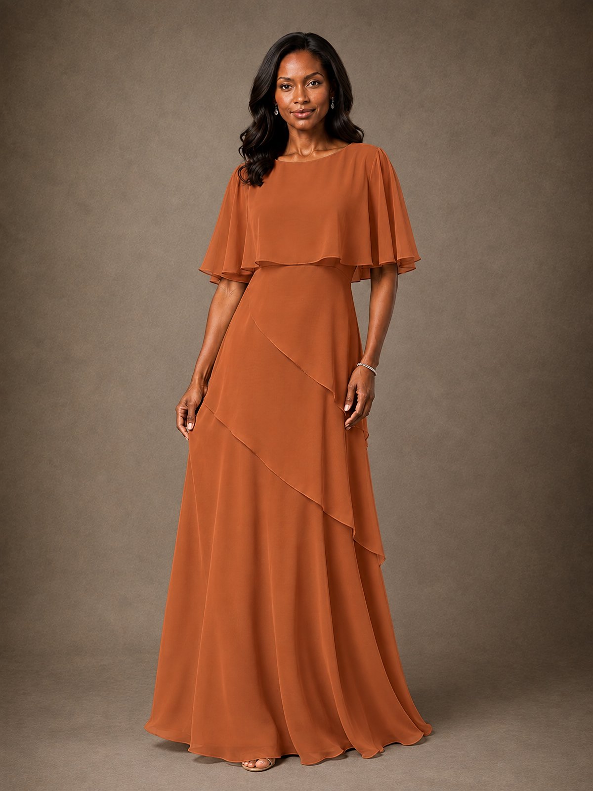 Taupe Chiffon A-Line Mother of the Bride Dress with Cape Sleeves