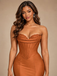 Red Strapless Satin Mermaid Prom Dress with Corset Bodice