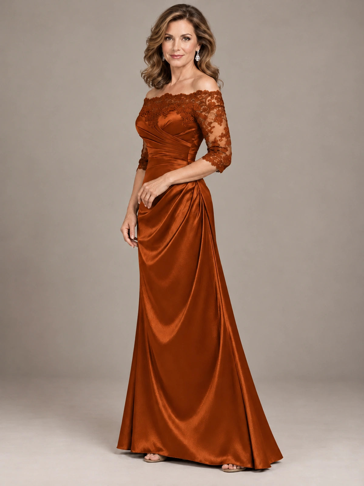 Satin Mother of the Bride Dress with Lace Sleeves Off Shoulder Formal Gown