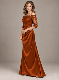Satin Mother of the Bride Dress with Lace Sleeves Off Shoulder Formal Gown