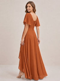 Dusty Blue Chiffon Bridesmaid Dress with Flutter Sleeves & High-Low Hem