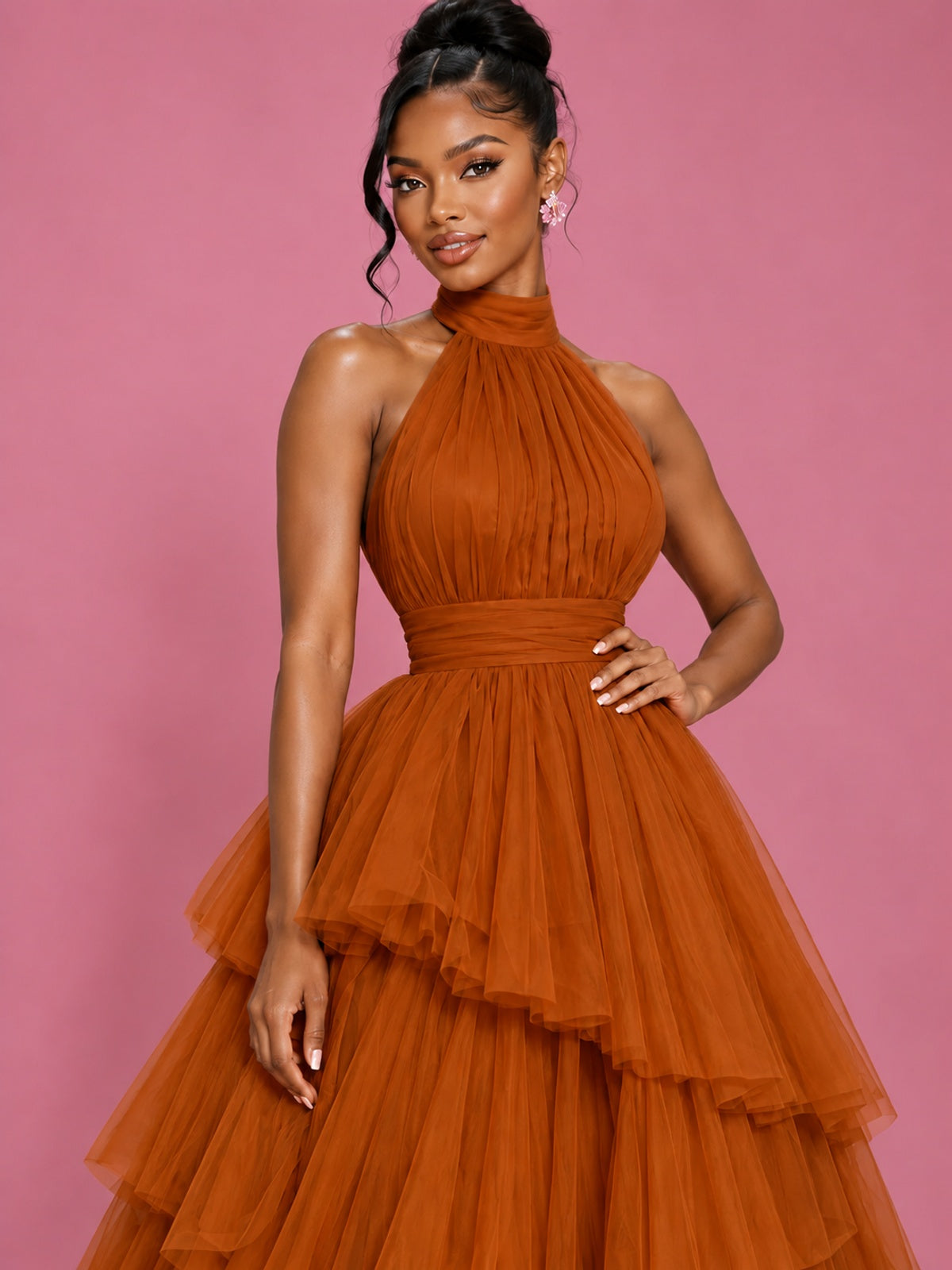 Hot Pink Tulle Halter Neck Tiered Ruffle Maxi Dress