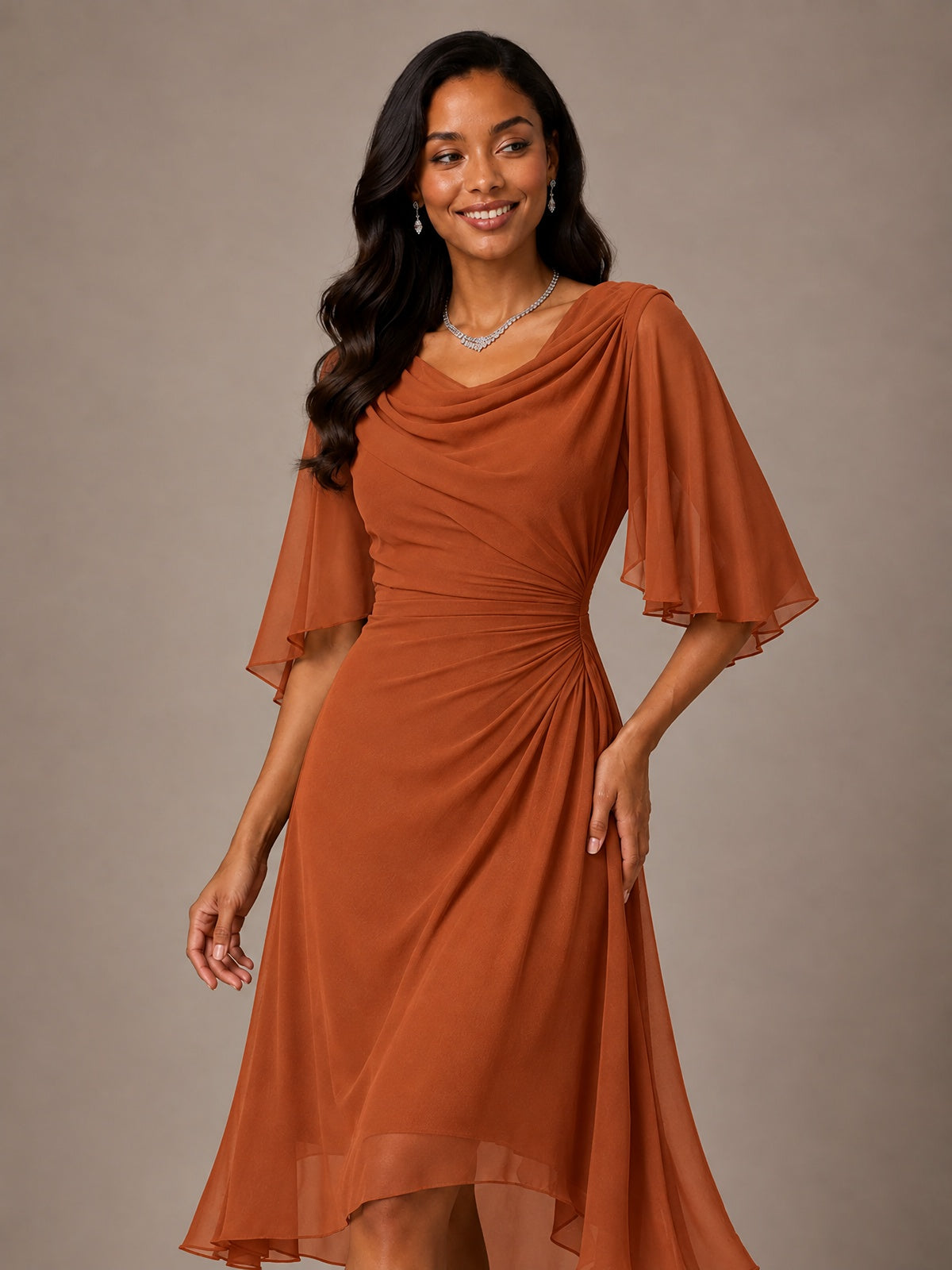 Cowl Neck Ruched Chiffon Mother of the Bride Dresses with Flutter Sleeves