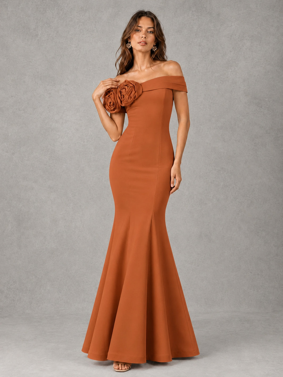 Blush Pink Off Shoulder Mermaid Bridesmaid Dress with Floral Rosette