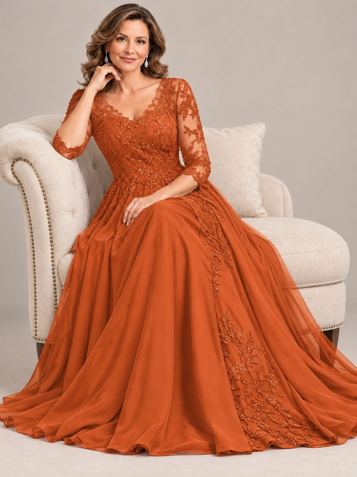 Sequin Lace A-Line Mother of the Bride Dress with 3/4 Sleeves