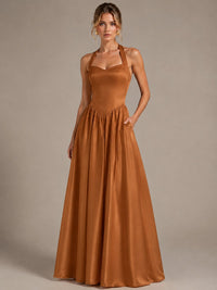 Light Yellow Halter Neck Satin A-Line Maxi Dress with Pockets