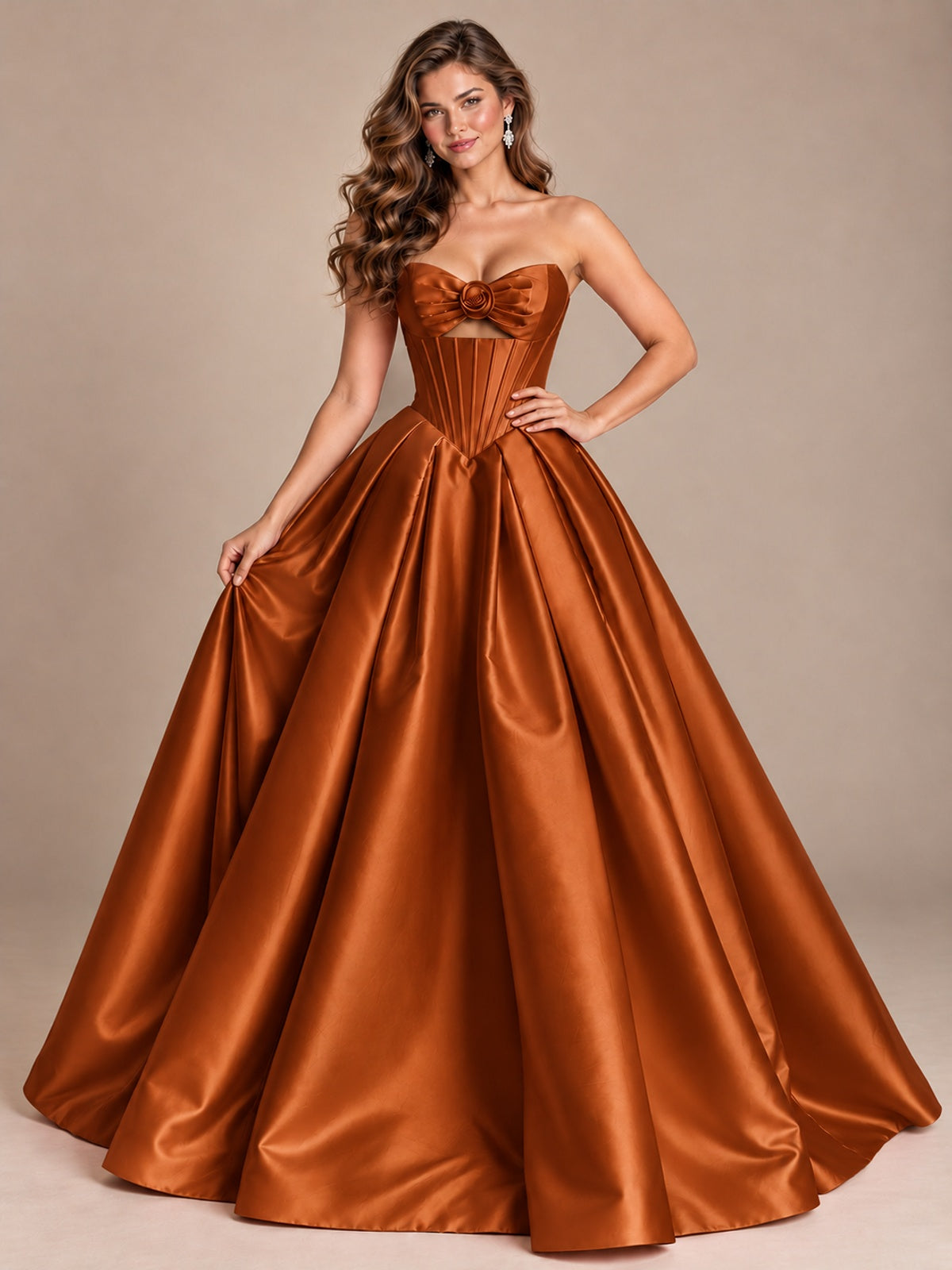 Pink Strapless Corset Satin Prom Derss & Ball Gown with 3D Floral