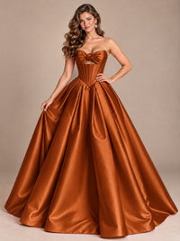 Pink Strapless Corset Satin Prom Derss & Ball Gown with 3D Floral