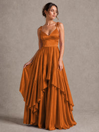 Lavender Satin V-Neck Ruffle Maxi Dress